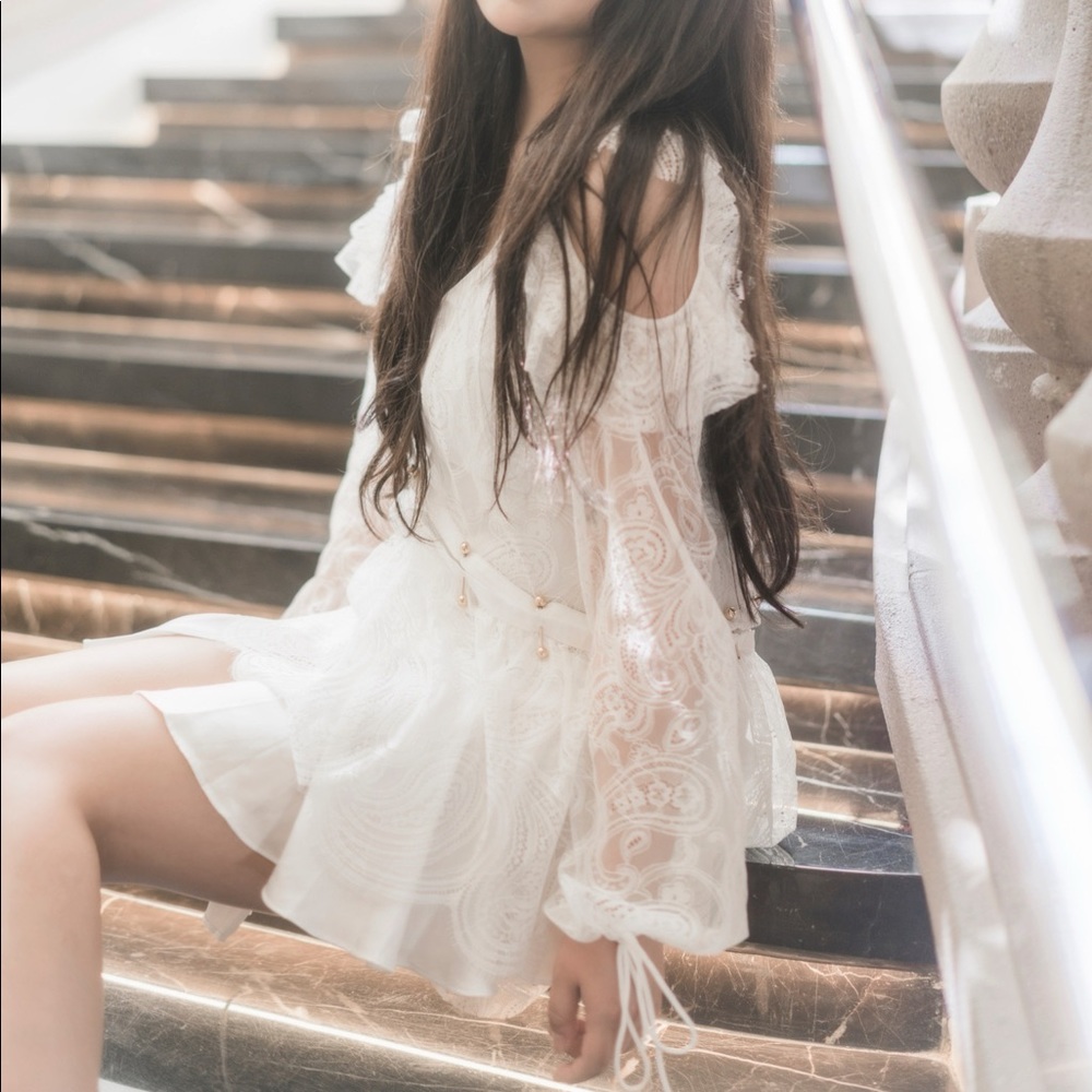 White Sabina Layered Lace Long Sleeve Mini Dress